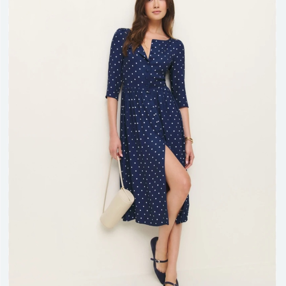 Reformation Navy and White Polka Dot Long Sleeve Dress